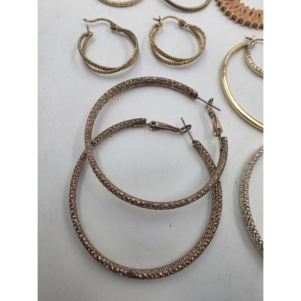 Hoop Earring Lot 12 Pairs Gold Silver Rose Gold Rhinestone Geometric Woven Set